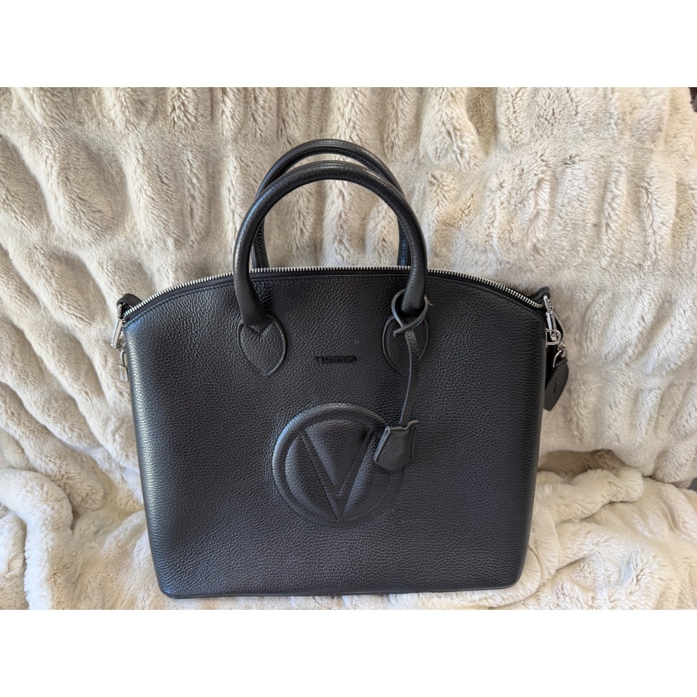 Valentino by Mario Valentino Black Pebbled Leather V Logo Satchel Crossbody Bag